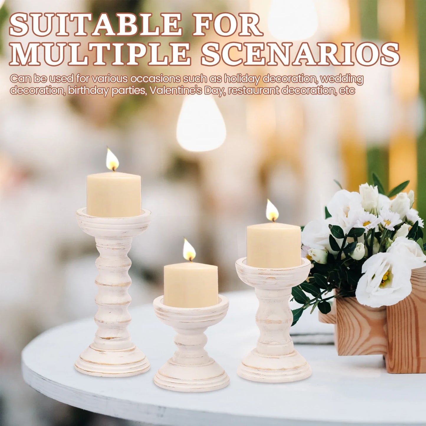 Whitewashed Wooden Pillar Holders – Vintage Carved Candle Stands (Set of 3)
