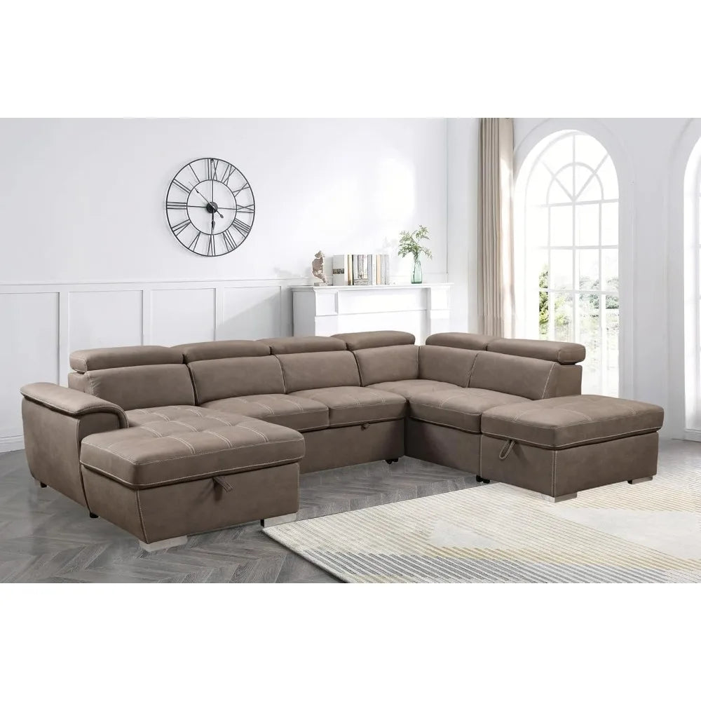 127" Oversized U‑Shaped Sectional Sofa – Microfiber Sleeper with Pullout Bed