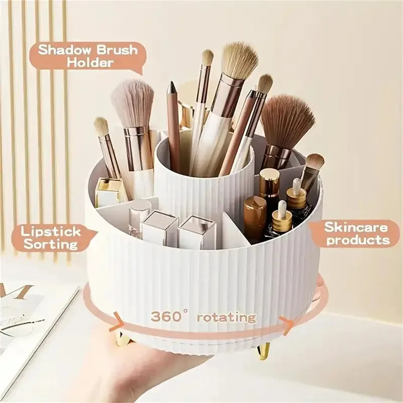 360° Rotating Makeup Organizer with 5 Compartments - Multi-Functional Holder for Brushes