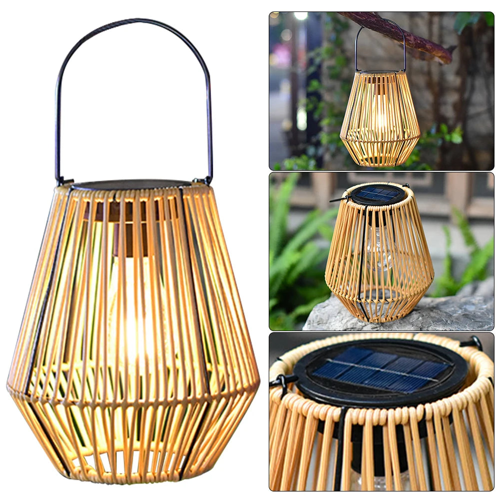 Outdoor Hanging Solar Lantern - Waterproof, Rattan Bamboo