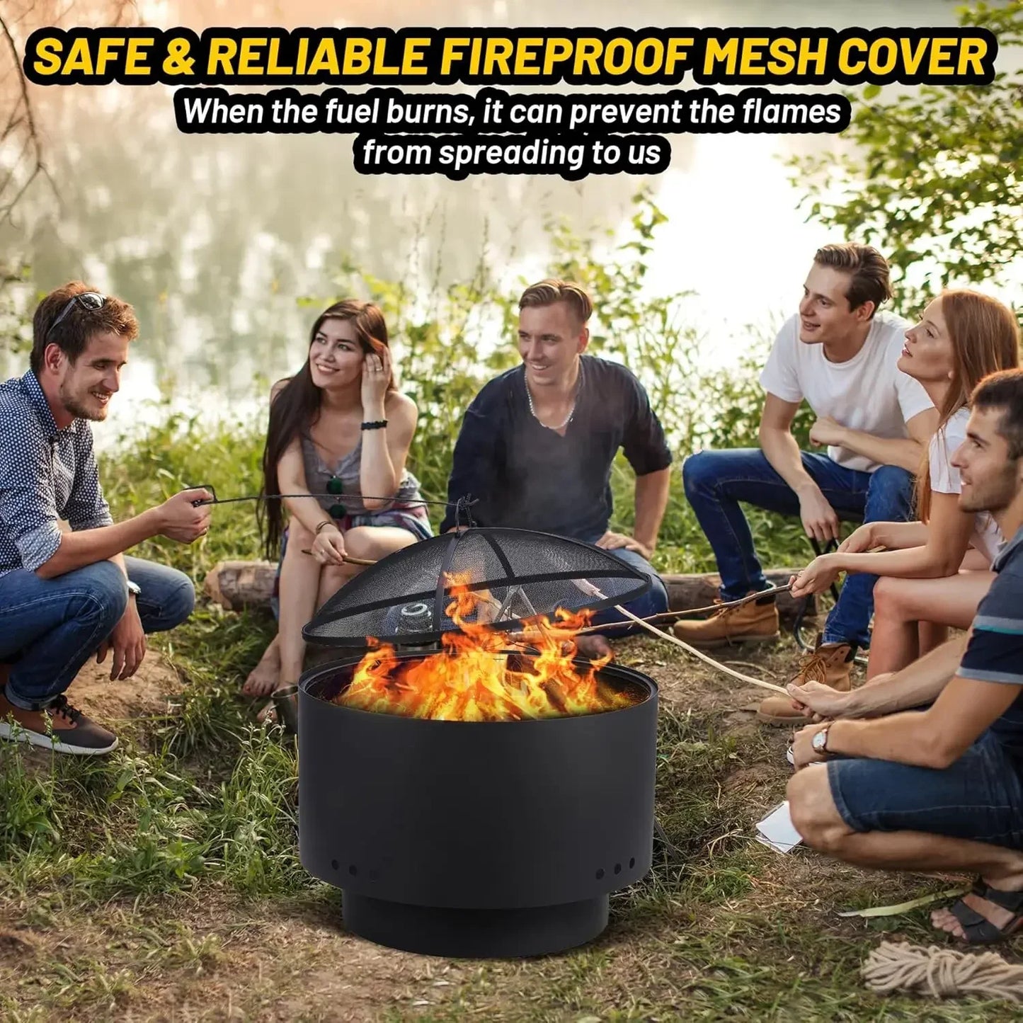 26" Smokeless Outdoor Fire Pit – Wood‑Burning Fire Bowl with Mesh Lid, Cooking Grate & Portable Folding Legs