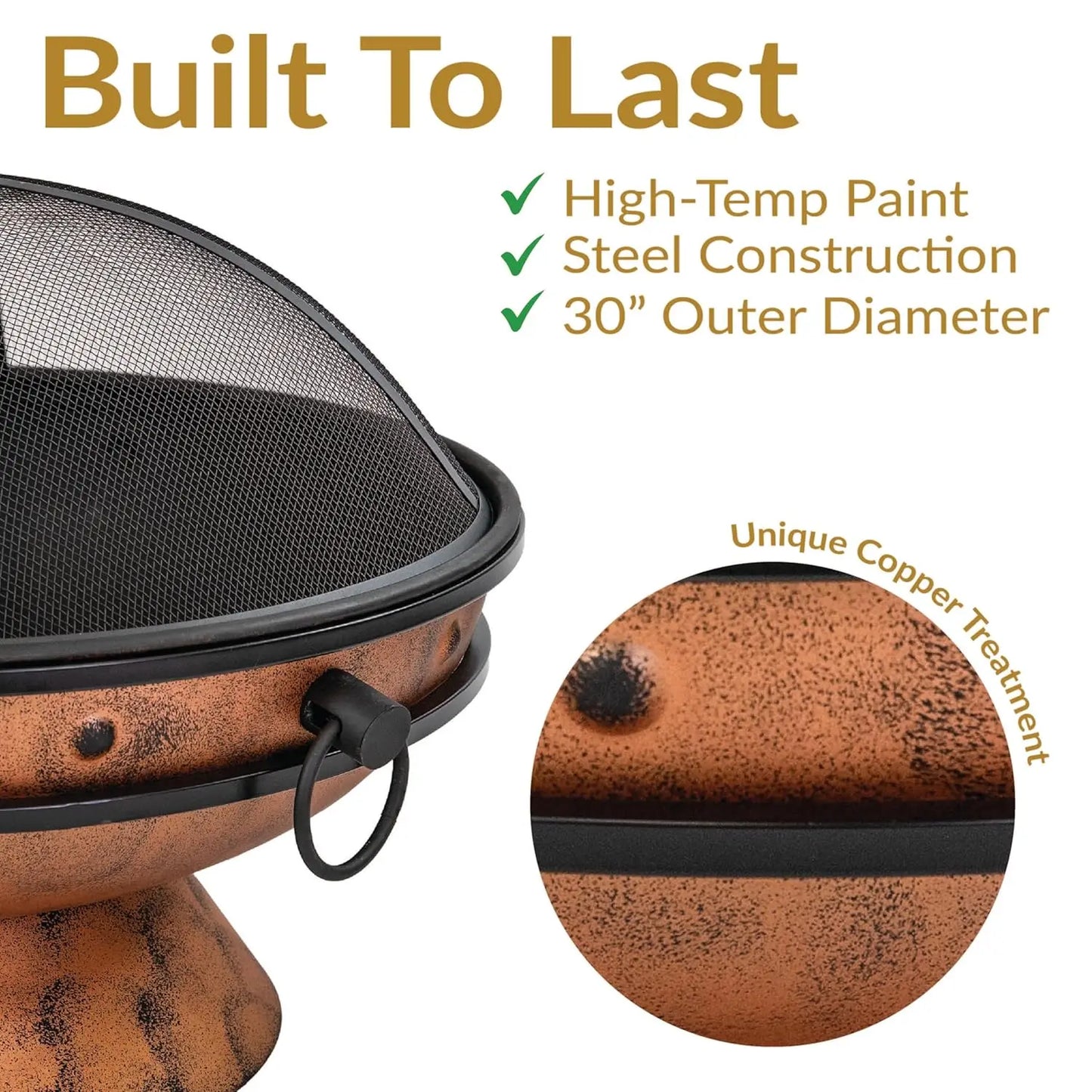 30-Inch Outdoor Fire Pit - Wood Burning Fire Pit for Outside with Poker and Screen - Copper Finish
