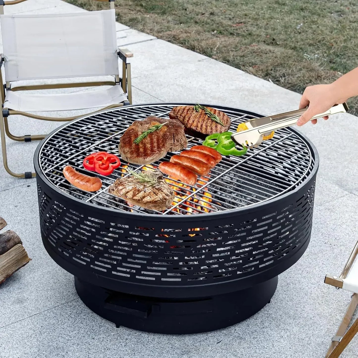 32" Wood Burning Fire Pits with Grill & Lid, Waterproof Cover & Fire Poker