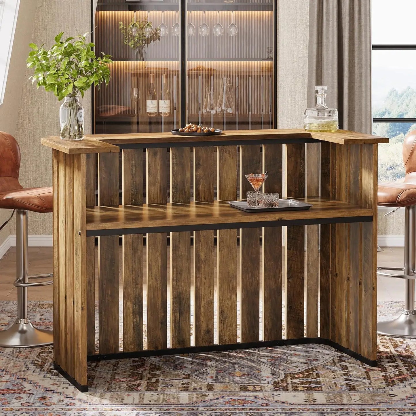 63-Inch Home Bar Unit with Storage, Shelves, 2-Tier