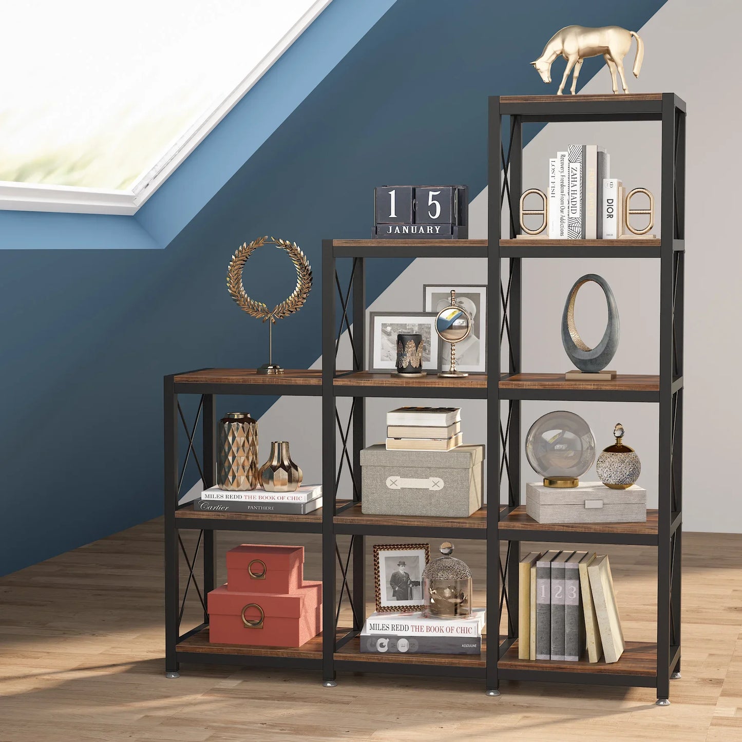 9-Cube Stepped Etagere Bookshelf | 12-Shelf Industrial Ladder Bookcase