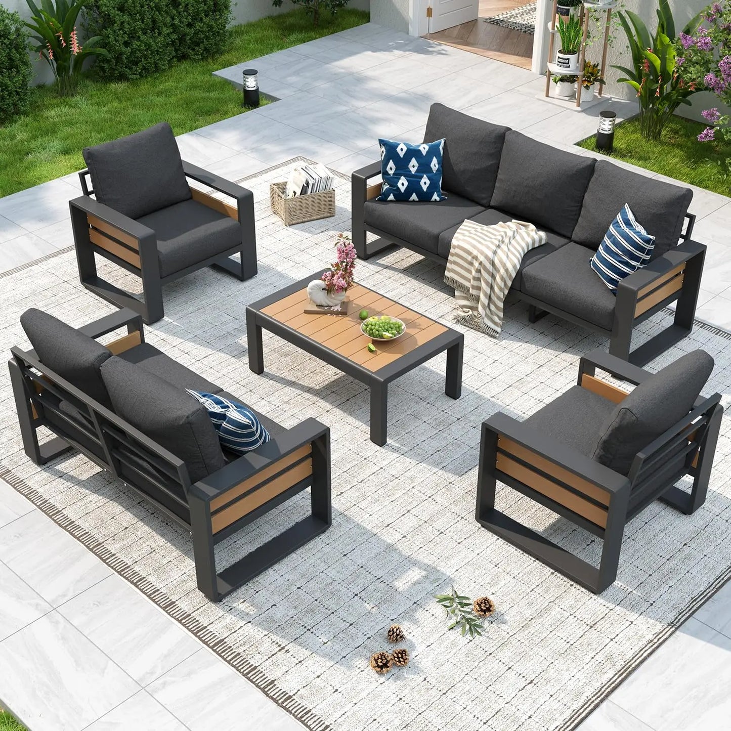 5-Piece Aluminum Patio Furniture Set – Luxury Outdoor Sectional with 6" Cushions