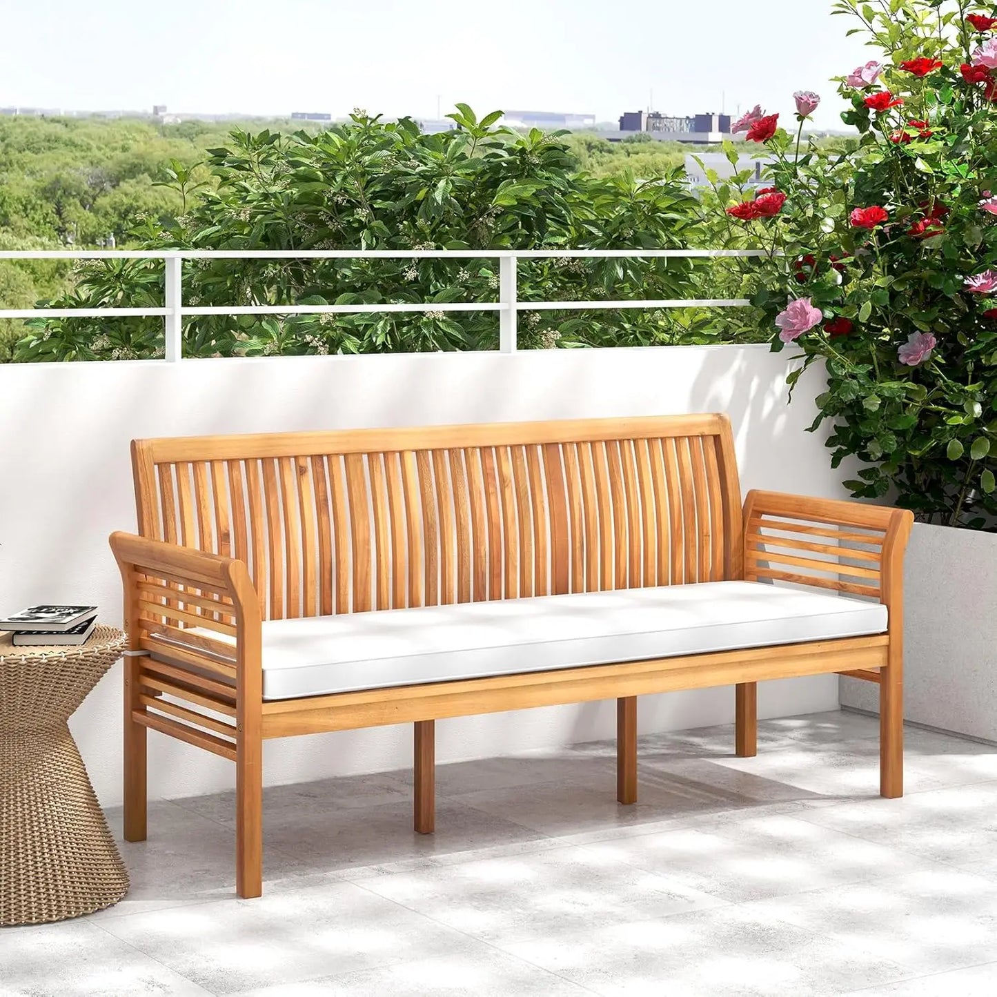 Wooden Outdoor Bench with Cushion Curved Armrest Slatted Back, 23x62.5x30.5,