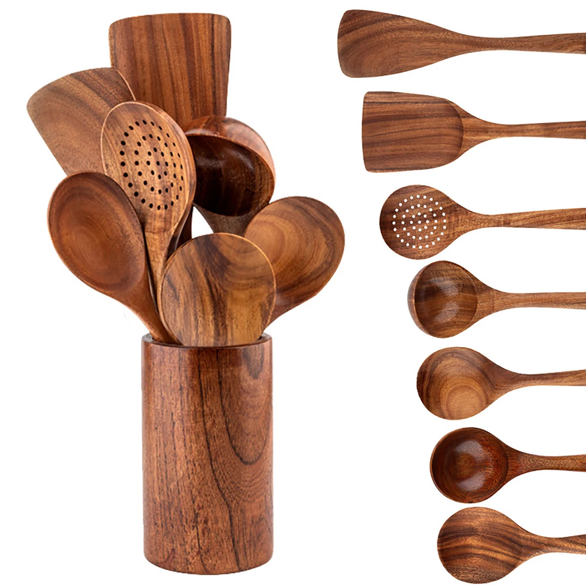 Wood Kitchenware Cooking Set With storage bucket
