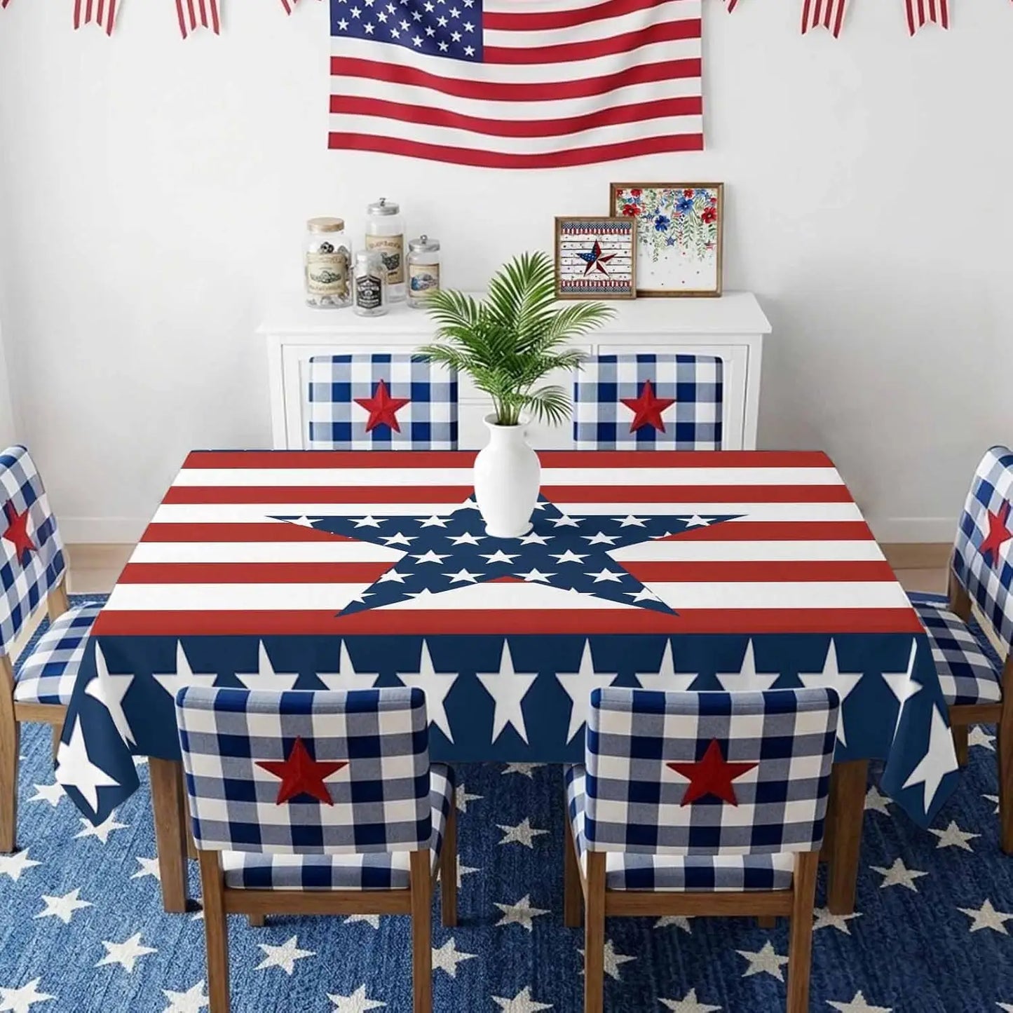 4th of July Patriotic Tablecloth – Red White Blue Stars & Stripes Table Cover for Holiday Party Decor