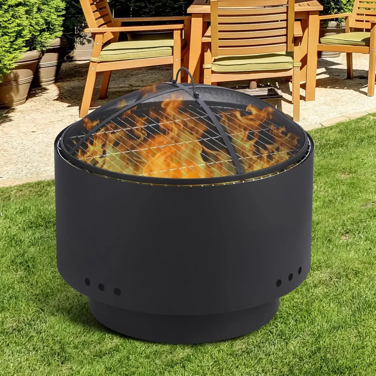 26" Smokeless Outdoor Fire Pit – Wood‑Burning Fire Bowl with Mesh Lid, Cooking Grate & Portable Folding Legs