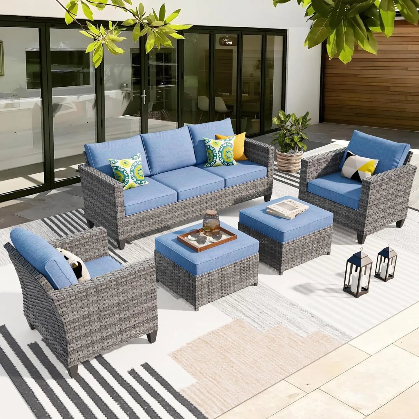 5 Piece Patio Outdoor Wicker Furniture Set - Sofa Couch With Chairs and Ottomans