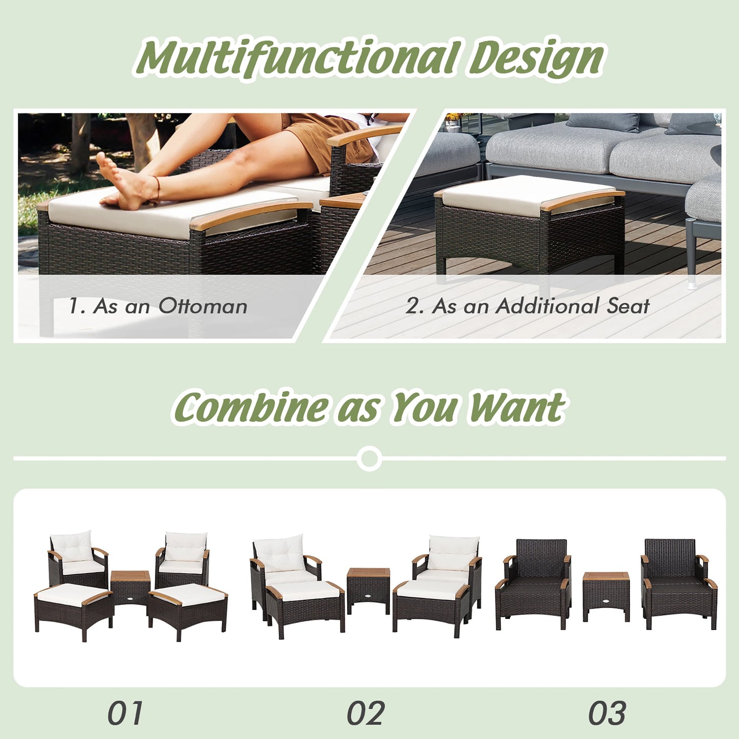 5-PCS Patio Rattan Wicker Furniture Set, 2 Chairs, 2 Ottomans with Table