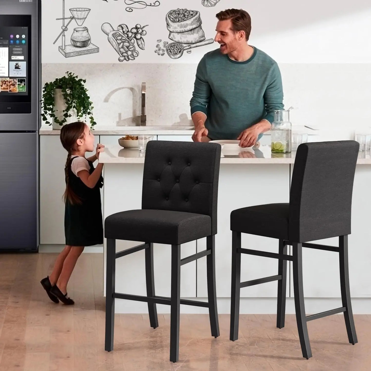 30" Counter‑Height Bar Stools (Set of 4) – Upholstered Button‑Tufted Chairs