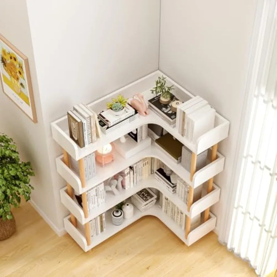4-Tier Reversible L-Shaped Corner Bookshelf | Solid Wood Frame Display Case