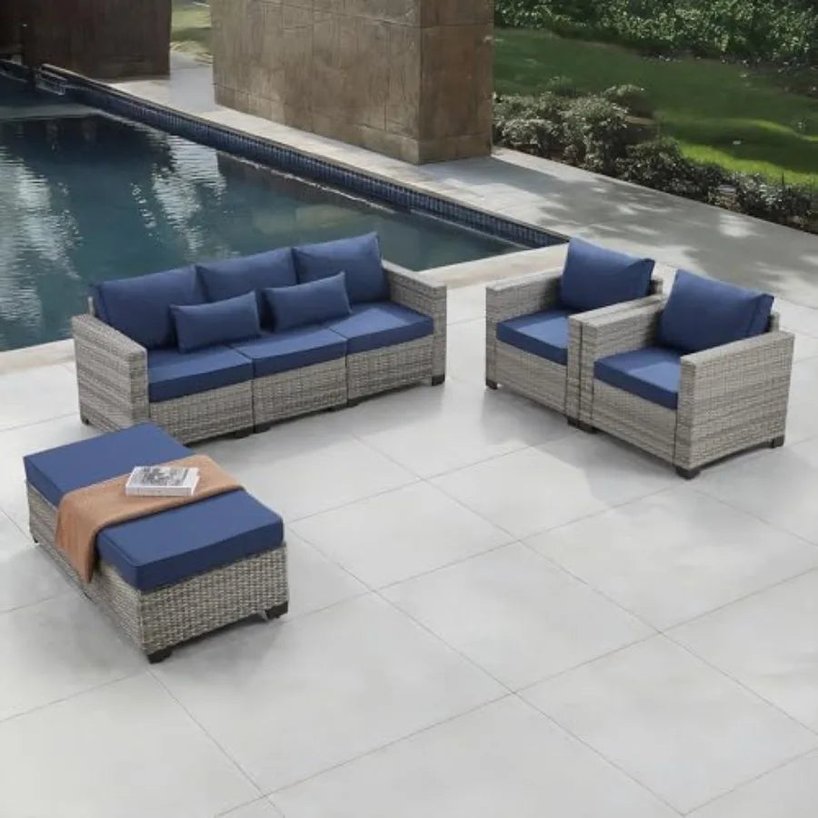5 Pieces Outdoor Patio Furniture Set with Cover PE Rattan Wicker Conversation Set in Royal Blue Sofa