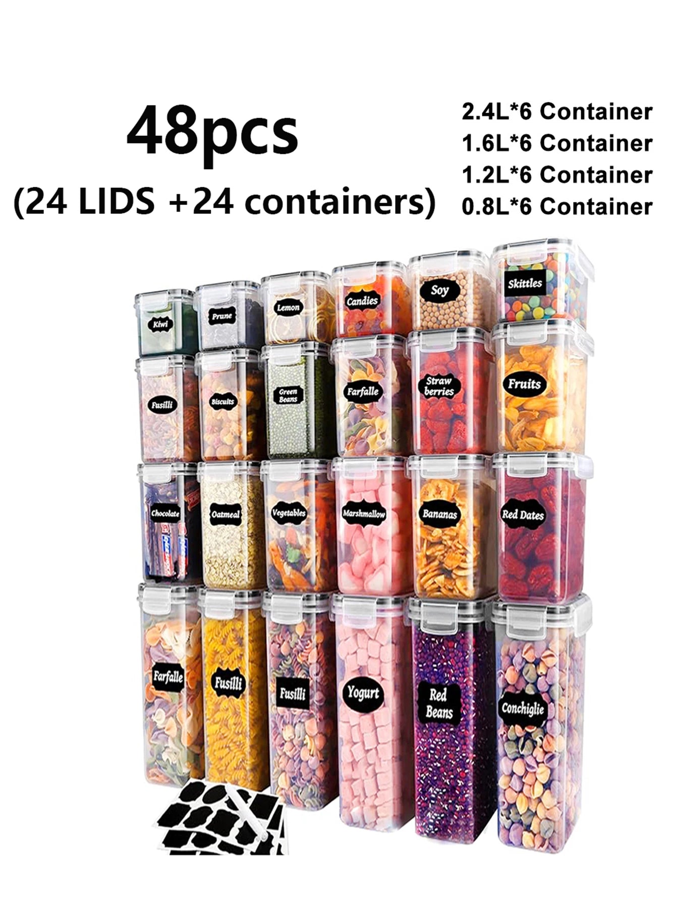48pcs, Sealed food storage containers with lids, plastic kitchen pantry, dry cargo jars for grain, flour, sugar, labeled