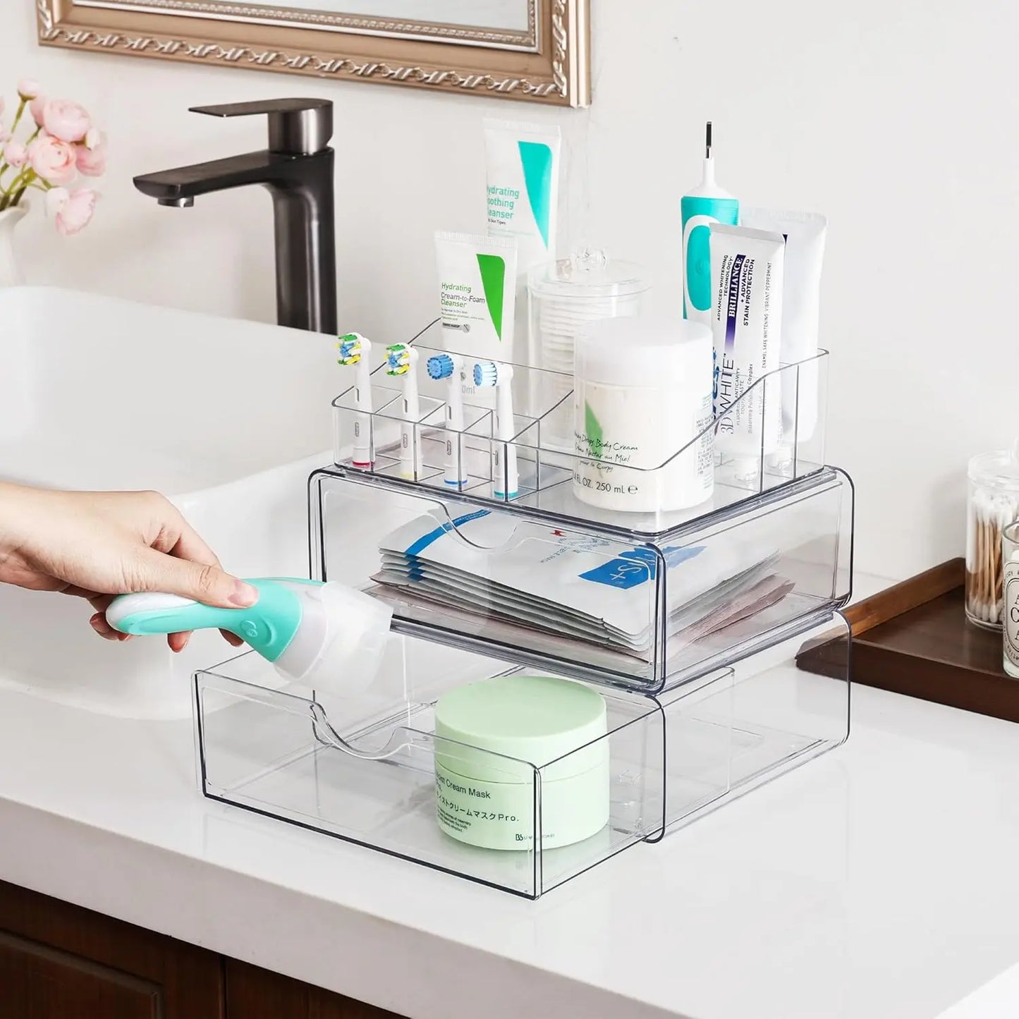 3‑Tier Clear Makeup Organizer with Drawer – Acrylic Cosmetic Storage for Vanity & Bathroom
