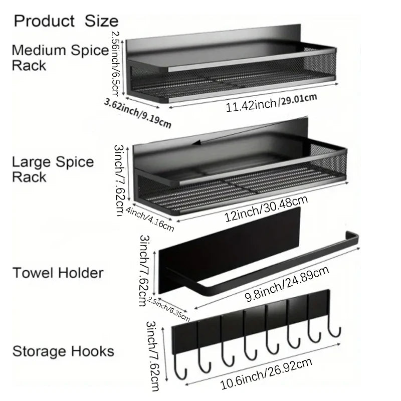 4‑Piece Metal Magnetic Organizer Set – Strong Refrigerator Spice Rack, Hooks & Paper Towel Holder