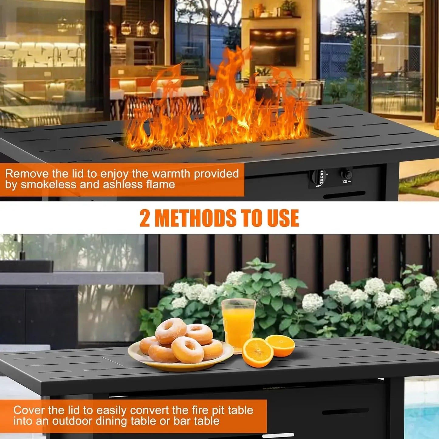 43 inch Outdoor Propane Fire Pit with Table and Lid, Waterproof Cover