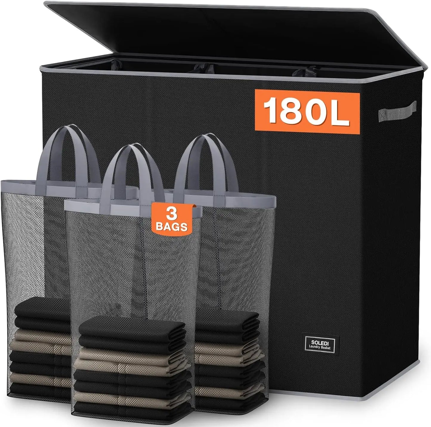 Extra Large Laundry Hamper with Lid, 3-Section Organizer for Laundry Room and Bedroom, Includes 3 Sturdy Handle Bage