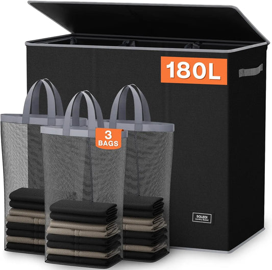 Extra Large Laundry Hamper with Lid, 3-Section Organizer for Laundry Room and Bedroom, Includes 3 Sturdy Handle Bage