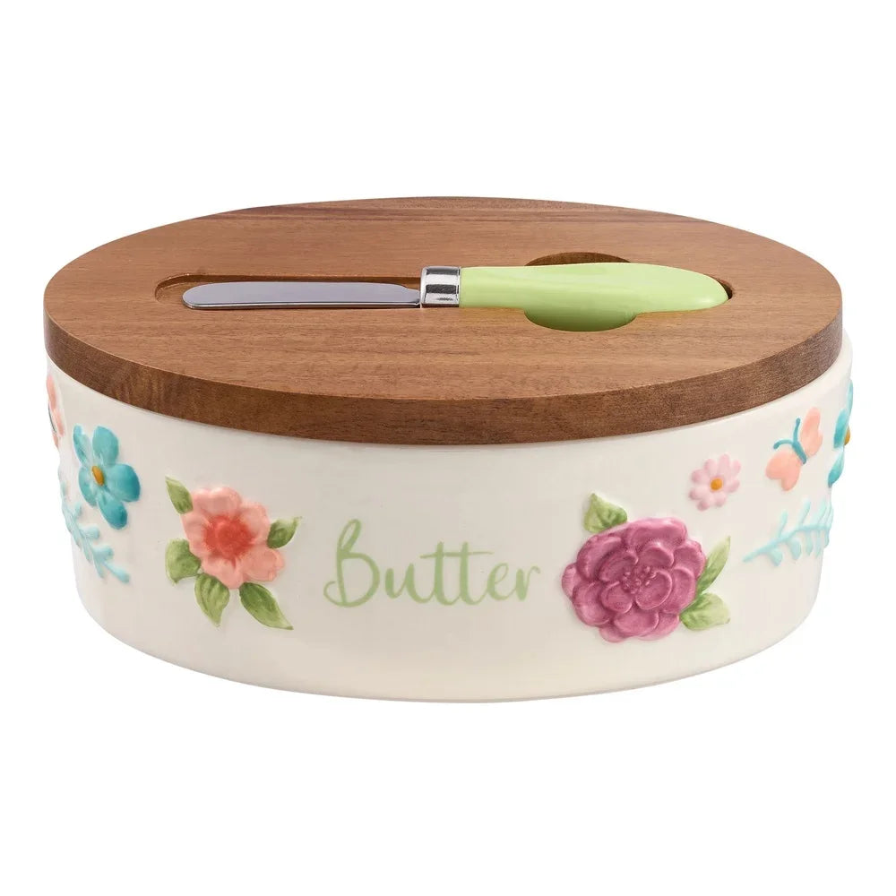 Painted Meadow Butter Dish Set – Floral Embossed Stoneware with Acacia Wood Lid & Metal Knife