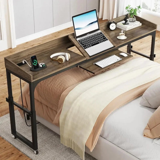 Height‑Adjustable Overbed Table with Wheels – Queen‑Size Rolling Desk & Mobile Laptop Cart