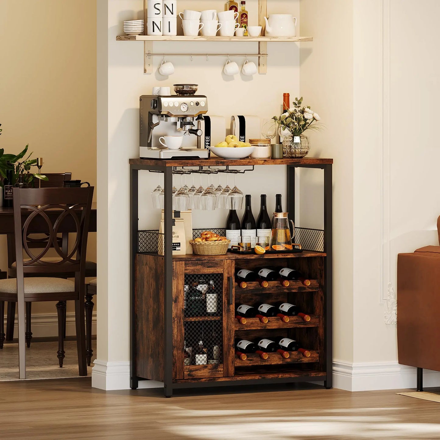 Vintage 3-Tier Wine Bar Cabinet With Adjustable Shelves & Glass Holder