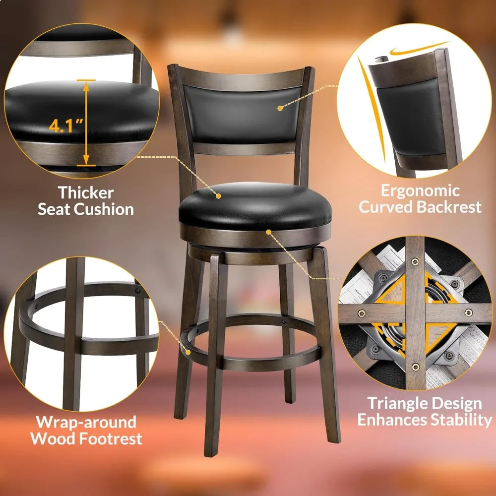 Swivel Bar Stools Set of 2 - 24 Inch Counter Height Barstools, Black Faux Leather