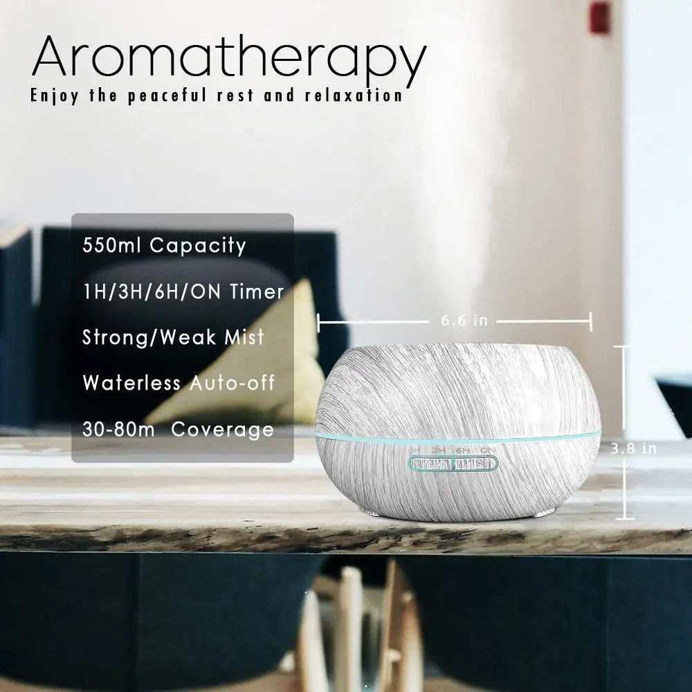 Wood Grain Essential Oil Diffuser & Humidifier, Remote Control, 7 LED Mood Lights, Aromatherapy for Home Wellness