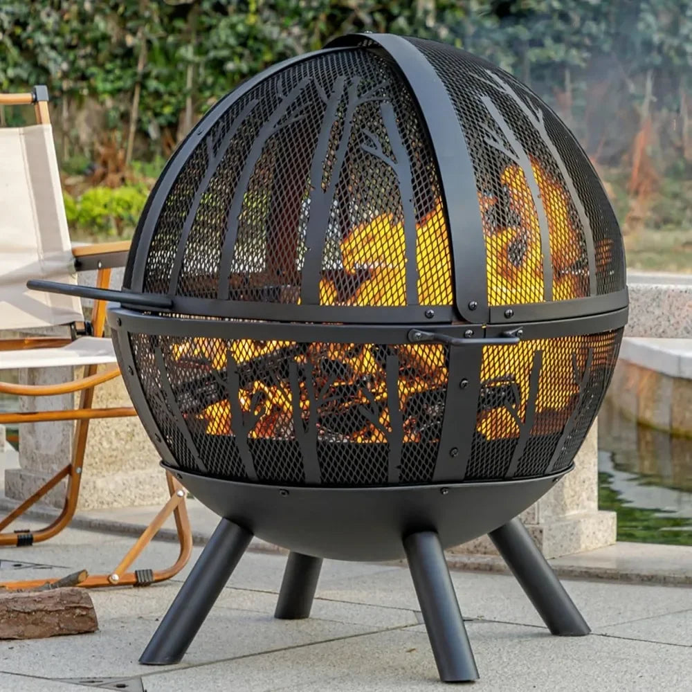35" Wood Burning Fire Pit with BBQ Grill, Heavy Duty Fire Pit Ball for Outside with Spark Screen