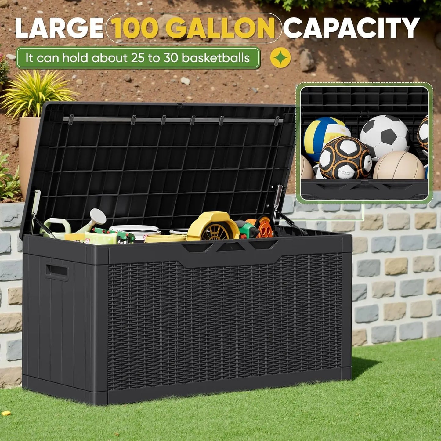 100 Gallon Outdoor Storage Box with Lockable Lid, Waterproof & UV Resistant for Patio Furniture and Garden Tools
