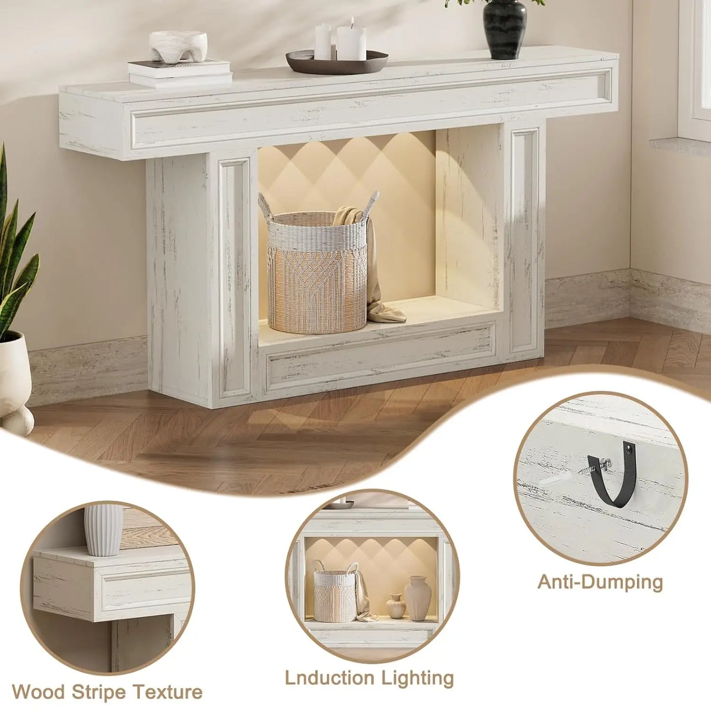 63" Console Table, 2-Tier Entryway Table with Sensor Lights