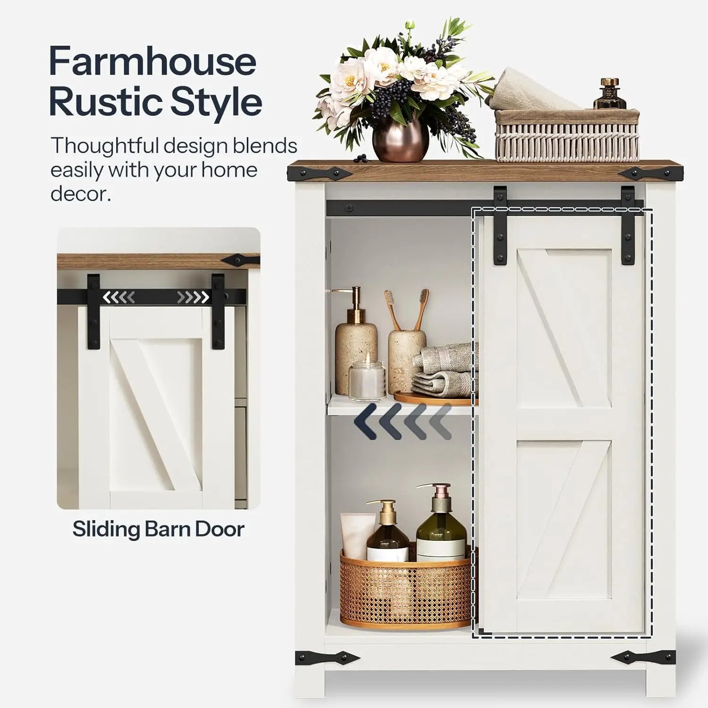 Storage Cabinet, Farmhouse with Sliding Barn Door, Adjustable Shelf and 4 Drawers, 11.8" D x 23.6"