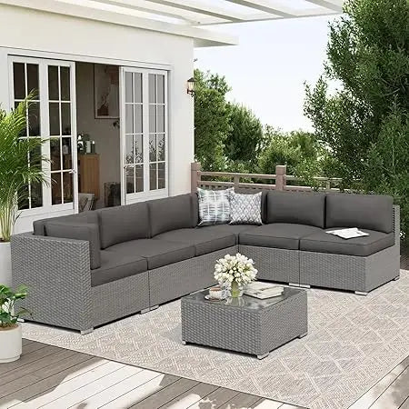 7-Piece Outdoor Patio Sofa Set - Black Rattan Wicker Set with Glass Top Table and Cushions(Red)
