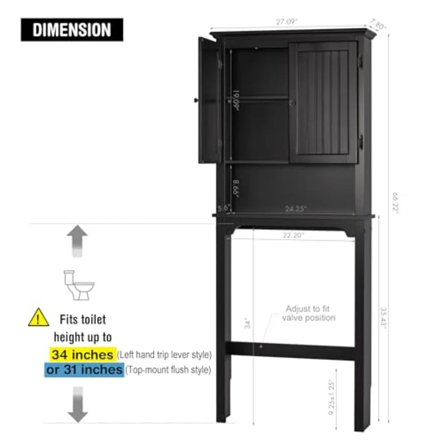 Bathroom Over The Toilet Cabinet Organizer with Adjustable Shelves and Double Doors, Espresso