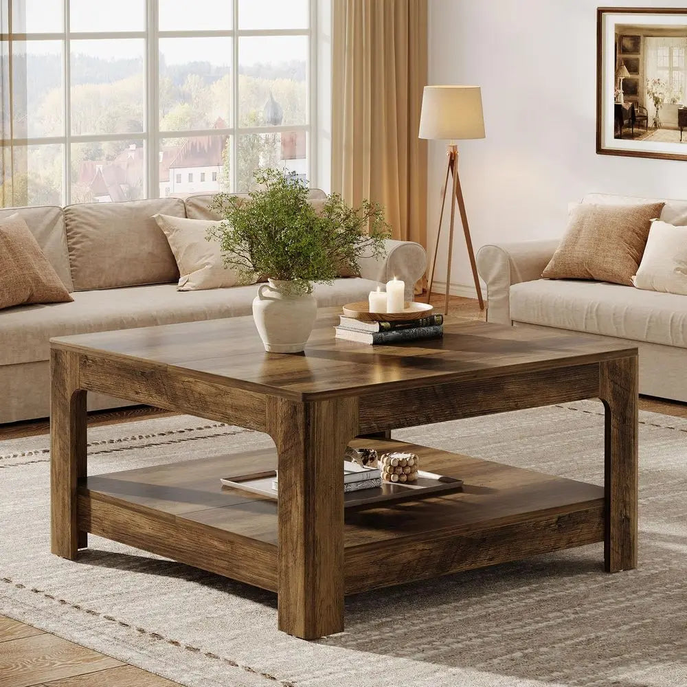 39" Square Coffee Table with Storage – Large Rustic Brown Farmhouse Center Table for Living Room