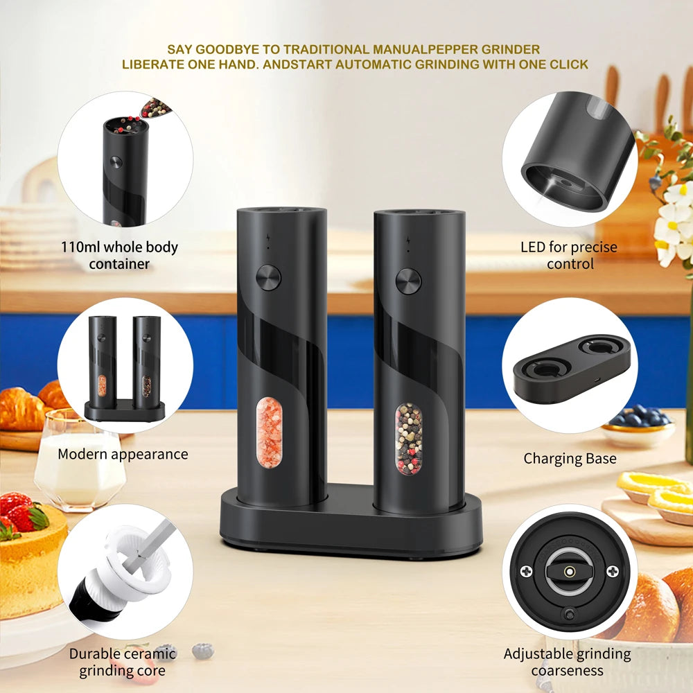 2‑Pack Electric Salt & Pepper Grinders – Rechargeable Automatic Mills with Large Capacity & Charging Base