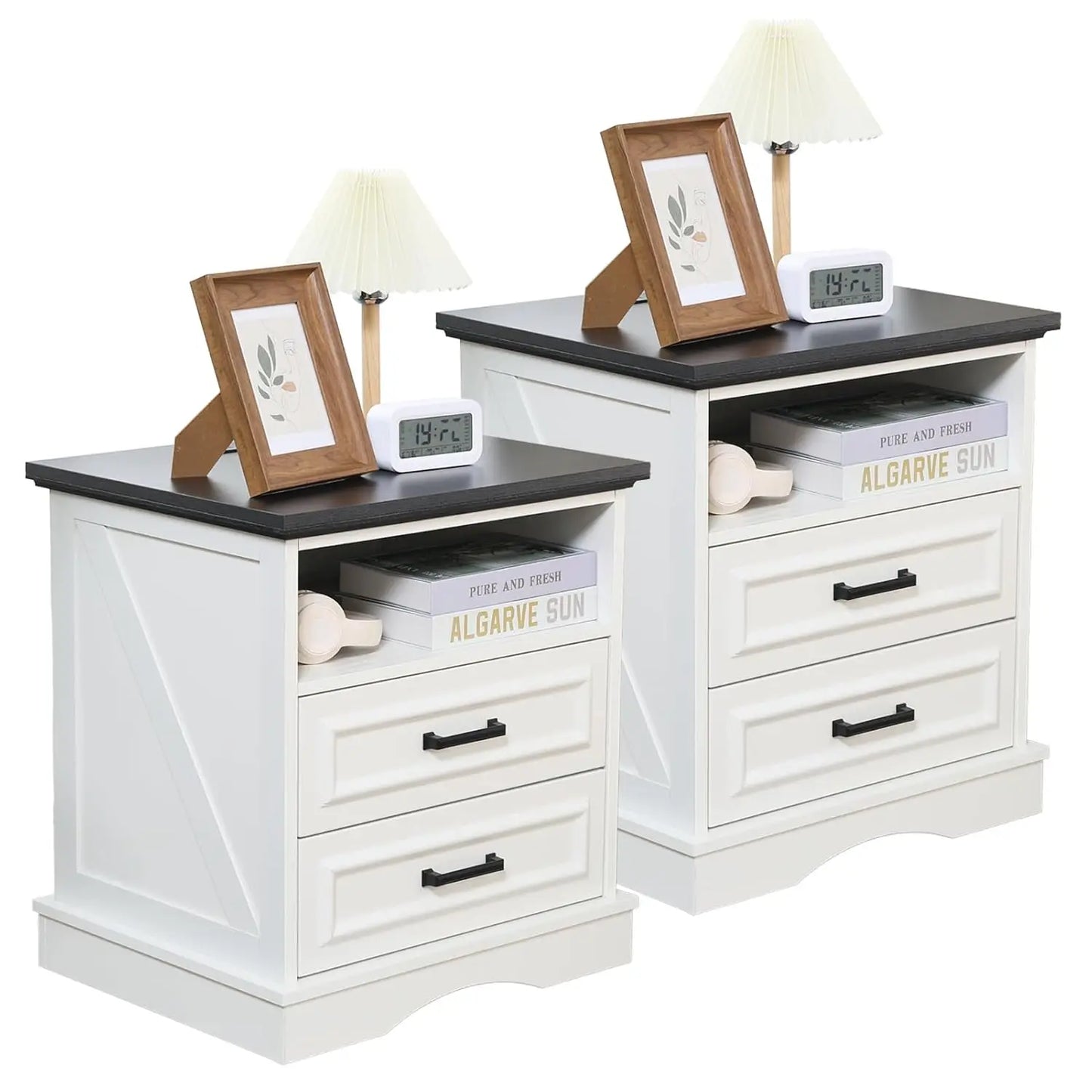 Farmhouse Nightstand Set of 2 – Wood Bedside Tables with Charging Station and 2 or 3 Drawers