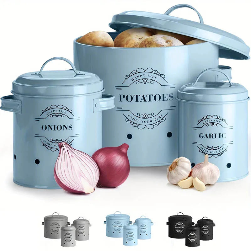 3‑Piece Garlic, Potato & Onion Storage Bin Set – Ventilated Metal Containers with Lids