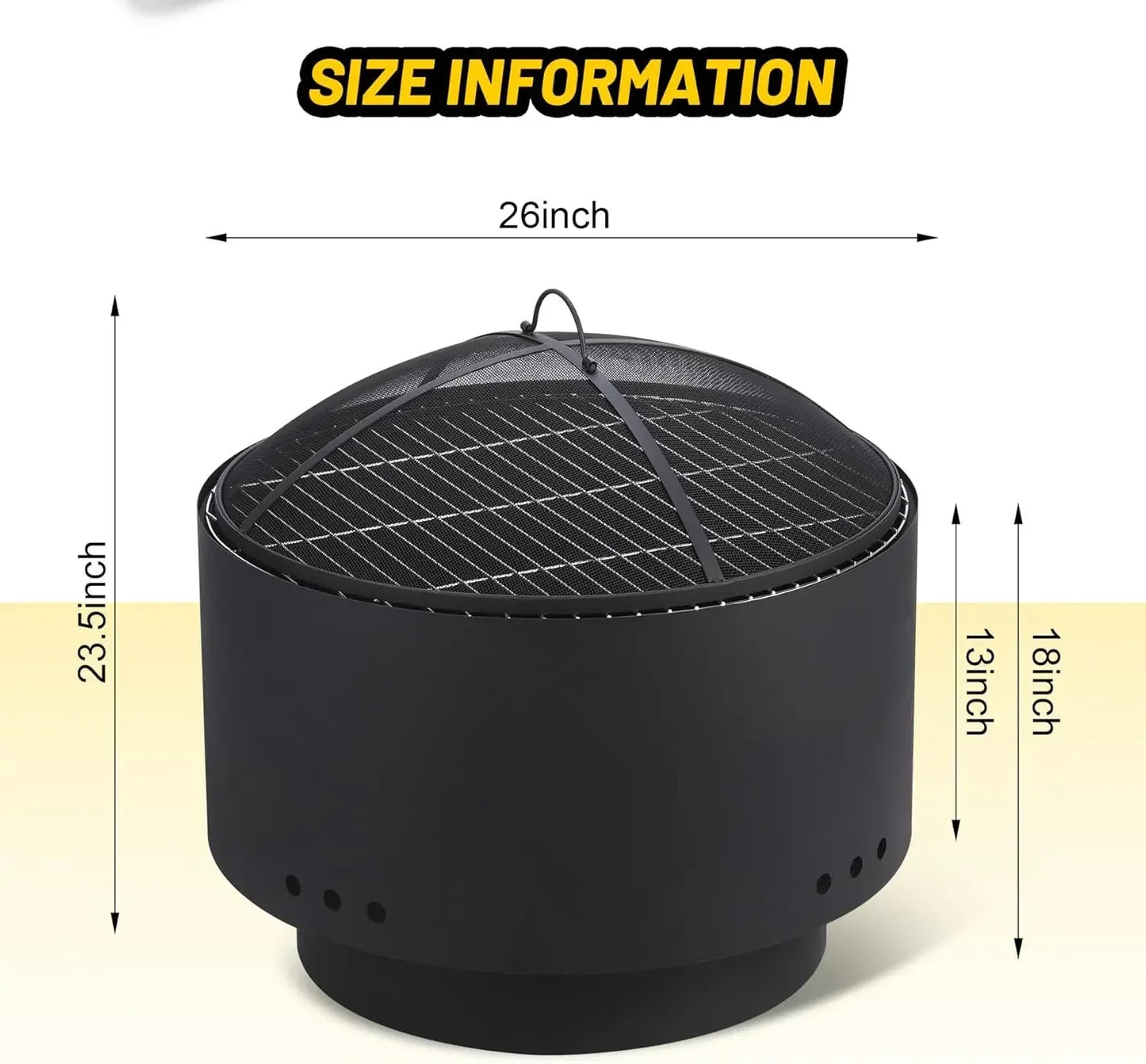 26" Smokeless Outdoor Fire Pit – Wood‑Burning Fire Bowl with Mesh Lid, Cooking Grate & Portable Folding Legs