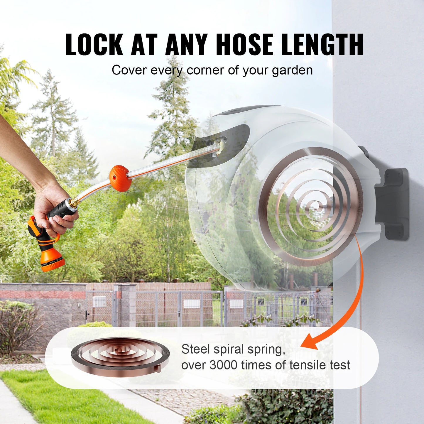 Retractable Hose Reel 180° Swivel Bracket Wall-Mounted Garden Water Hose Reel with 9-Pattern Nozzle Automatic Rewind
