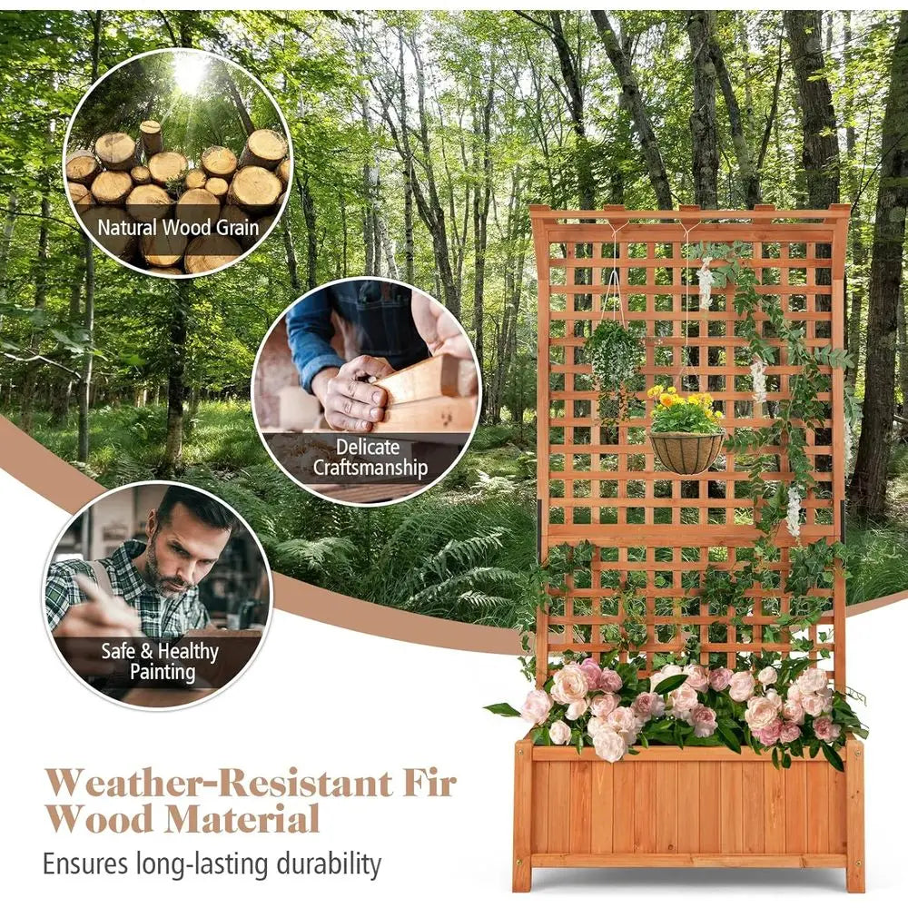 72.5 Tall Wooden Planter Box with Trellis, Hanging Bar, Drainage, and Lattice Panel for Climbing Plants