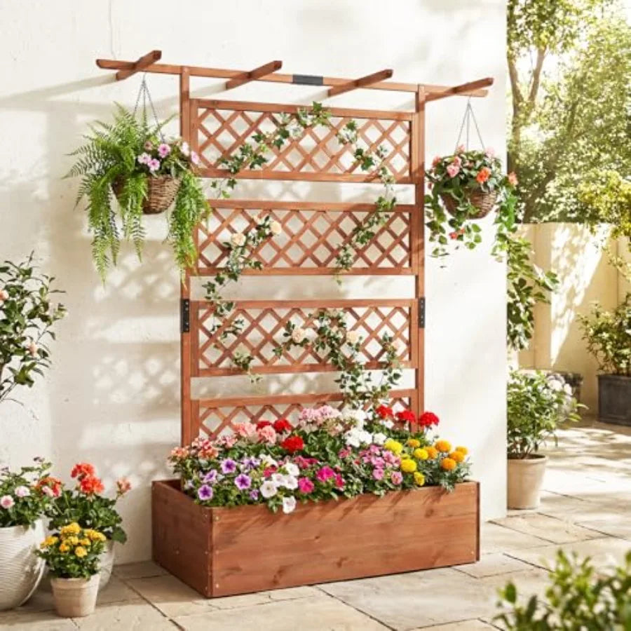 Raised Garden Bed with Trellis 72'' Wooden Planter w/Privacy Screen and Roof  w/Drainage