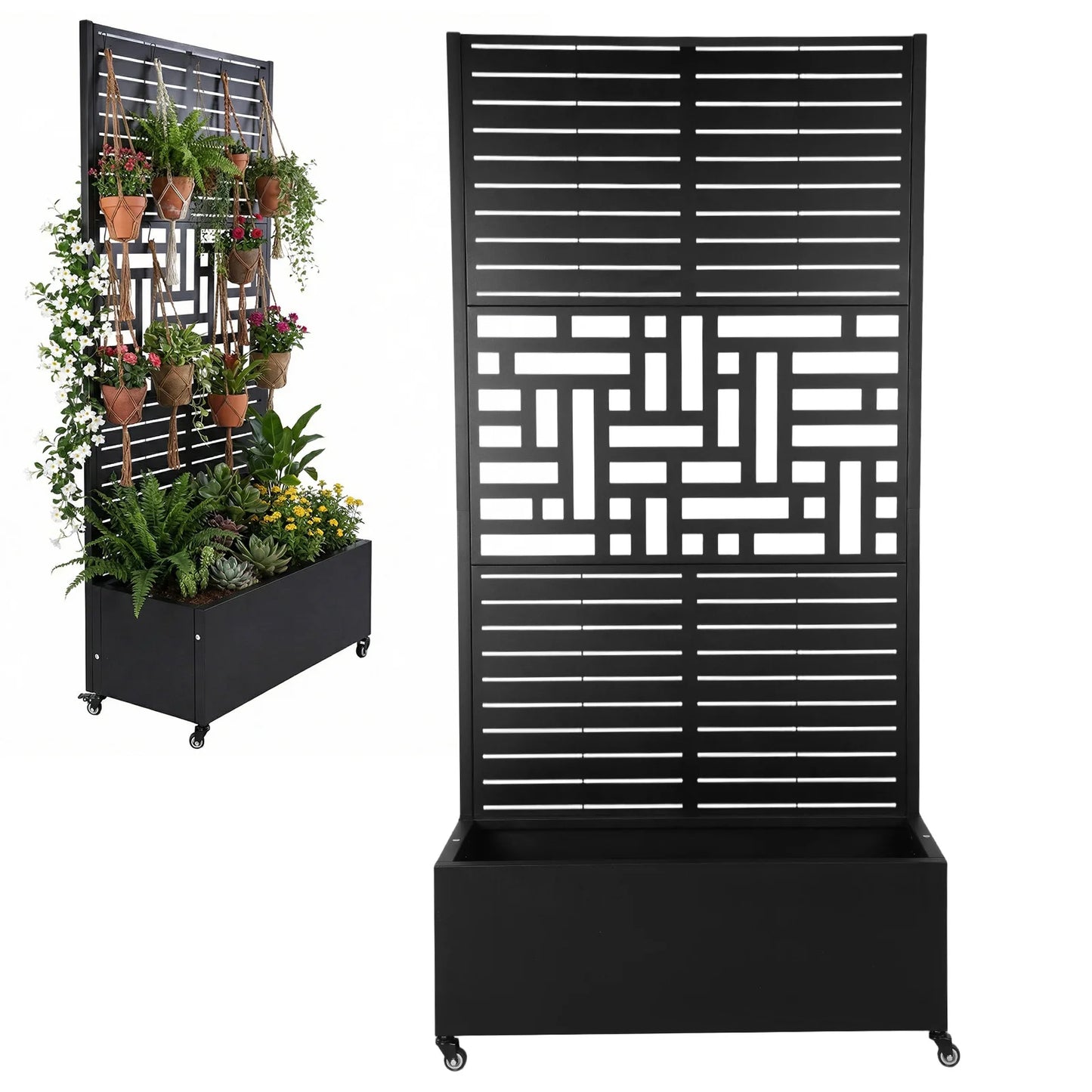 Metal Planter Box with Trellis and Wheels 70.87x35.43x15.75 Inch with Drainage Holes for Climbing Plants Vine