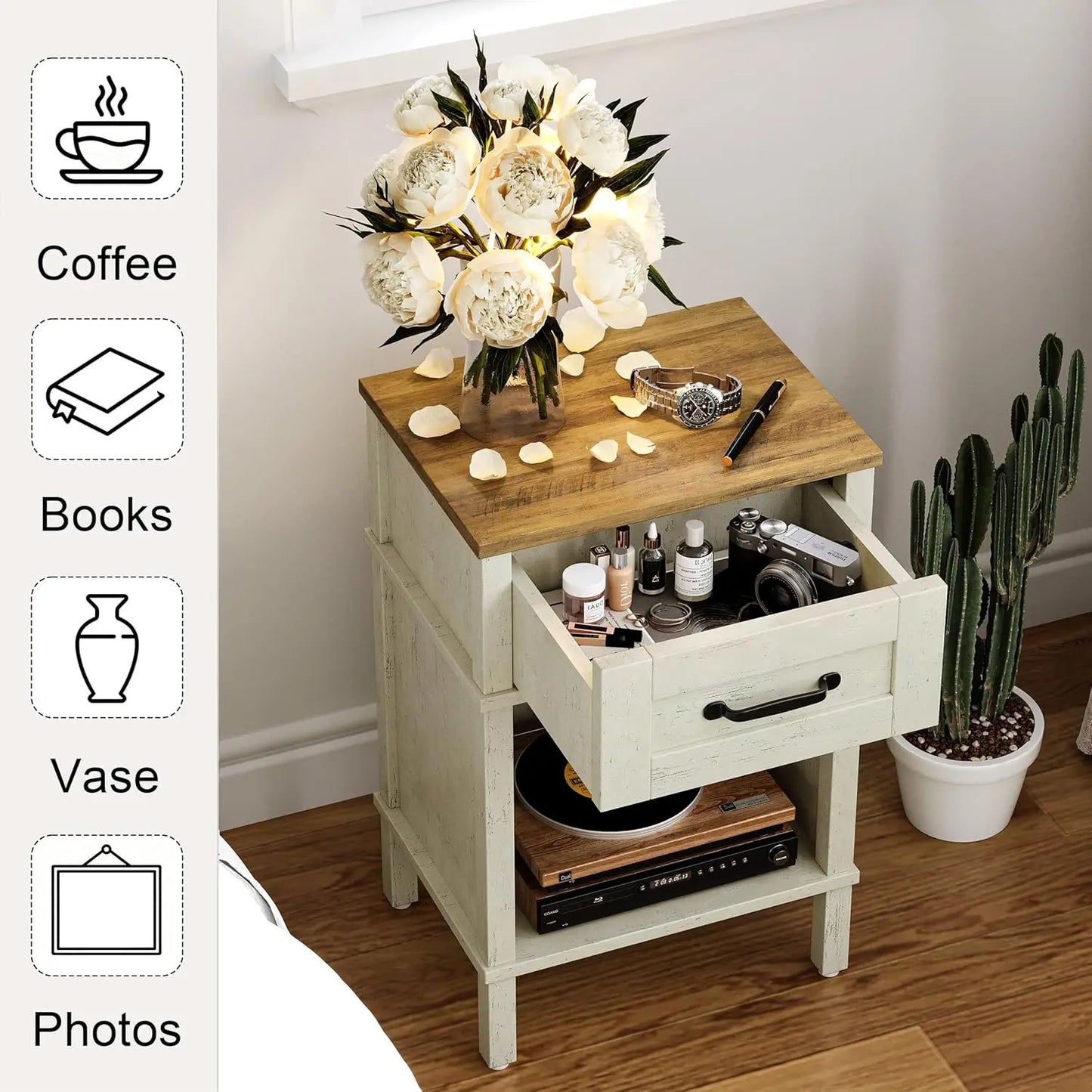 White Bedside Table with Drawer – Small Farmhouse Wooden Nightstand for Bedroom
