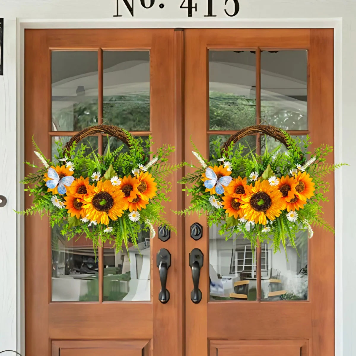 Artificial Sunflowers Wreath Spring Summer Floral Swags with Butterfly Fake Yellow Sunflower Rattan Garland for Front Door Decor
