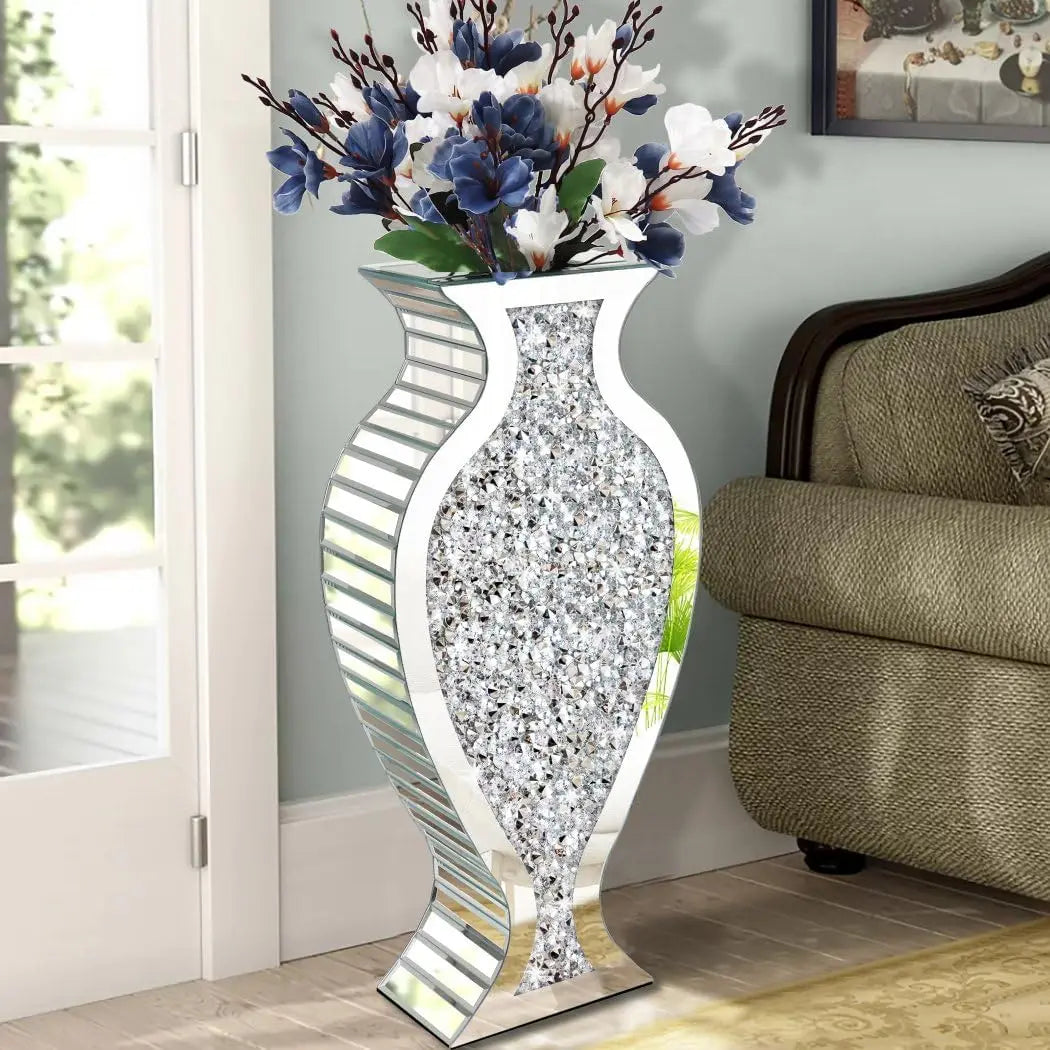 27" Crushed Diamond Mirrored Floor Vase – Tall Silver Crystal Decorative Vase for Luxury Home Décor