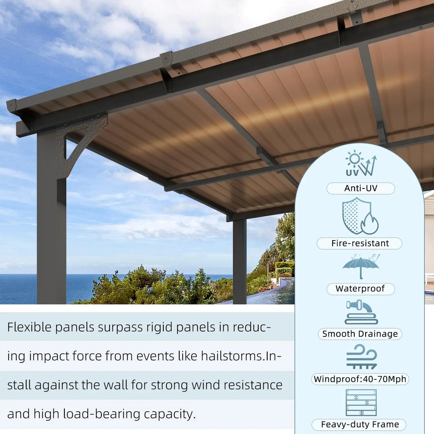16' × 8' Hard‑Top Lean‑To Gazebo – Wall‑Mounted Outdoor Pergola with Durable Roof