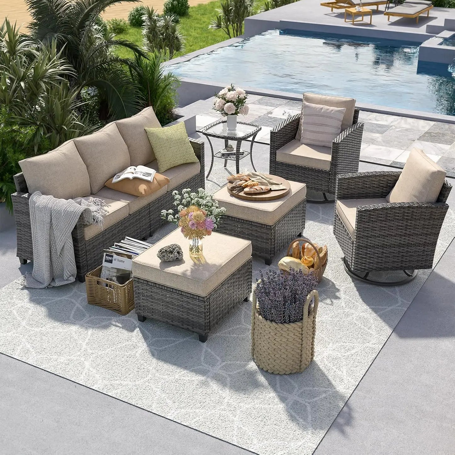 6‑Piece Gray PE Rattan Sectional Sofa Set – Swivel Chair, Side Table & 4" Cushions for Patio/Garden
